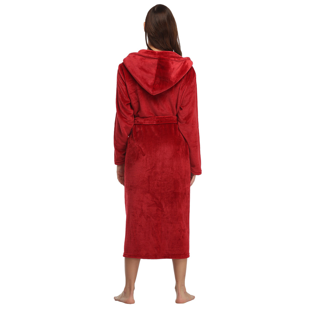 RONGTAI Womens Long Robes Plush Fleece Nightgown Thick Hooded Bathrobe With Pockets Fluffy Sleepwear For Men