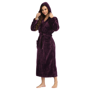RONGTAI Womens Long Robes Plush Fleece Nightgown Thick Hooded Bathrobe With Pockets Fluffy Sleepwear For Men