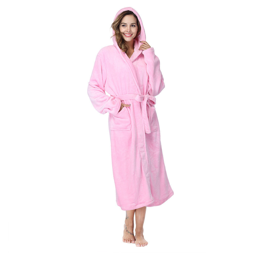 RONGTAI Womens Long Robes Plush Fleece Nightgown Thick Hooded Bathrobe With Pockets Fluffy Sleepwear For Men