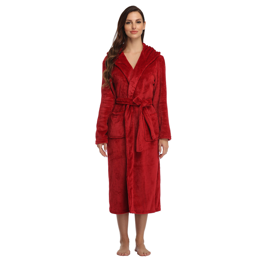 RONGTAI Womens Long Robes Plush Fleece Nightgown Thick Hooded Bathrobe With Pockets Fluffy Sleepwear For Men