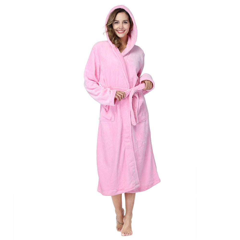 RONGTAI Womens Long Robes Plush Fleece Nightgown Thick Hooded Bathrobe With Pockets Fluffy Sleepwear For Men
