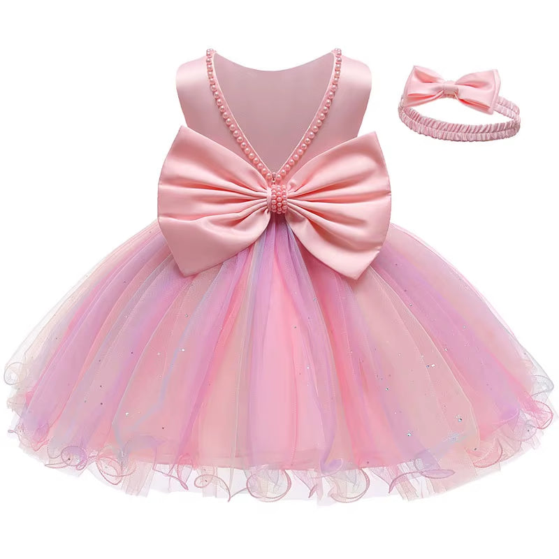 Flower Kids Girls Bow Dresses with Headwear for Baby Birthday Party Wedding Prom Formal Christening Baptism First Communion Gown