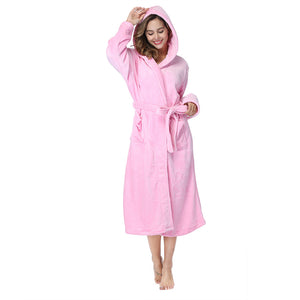 RONGTAI Womens Long Robes Plush Fleece Nightgown Thick Hooded Bathrobe With Pockets Fluffy Sleepwear For Men