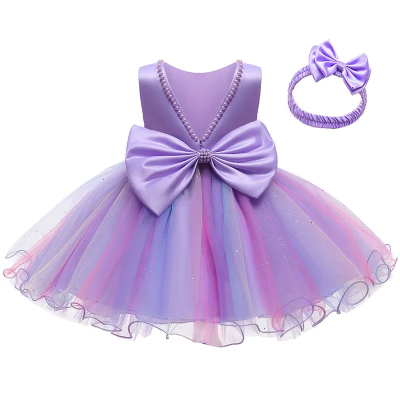 Flower Kids Girls Bow Dresses with Headwear for Baby Birthday Party Wedding Prom Formal Christening Baptism First Communion Gown