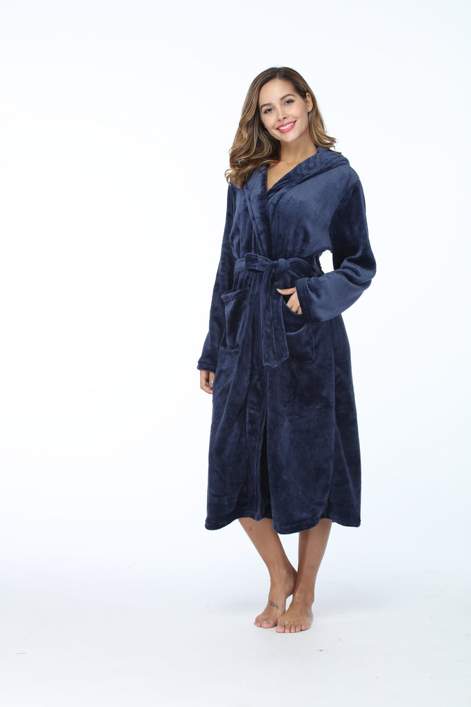 RONGTAI Womens Long Robes Plush Fleece Nightgown Thick Hooded Bathrobe With Pockets Fluffy Sleepwear For Men