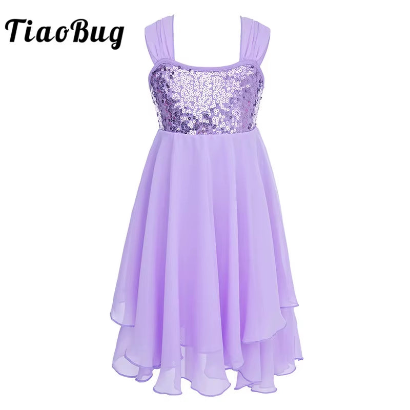 Kid Teens Chiffon Sequins Adjustable Strap Ballet Tutu Dance Leotard Dress Ballerina Cute Girls Gymnastics Leotard Dress