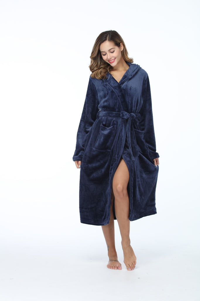RONGTAI Womens Long Robes Plush Fleece Nightgown Thick Hooded Bathrobe With Pockets Fluffy Sleepwear For Men