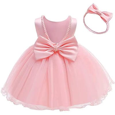 Flower Kids Girls Bow Dresses with Headwear for Baby Birthday Party Wedding Prom Formal Christening Baptism First Communion Gown