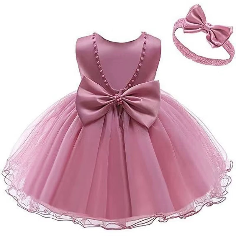 Flower Kids Girls Bow Dresses with Headwear for Baby Birthday Party Wedding Prom Formal Christening Baptism First Communion Gown