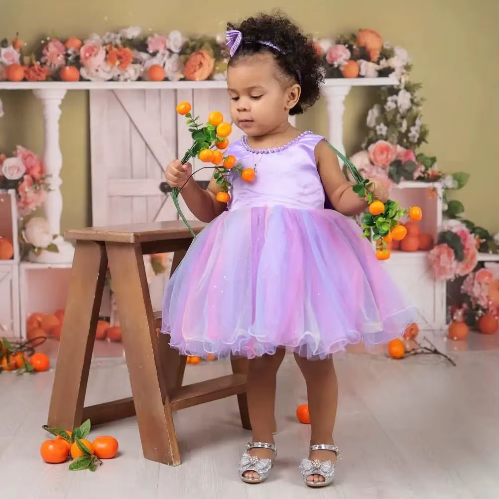 Flower Kids Girls Bow Dresses with Headwear for Baby Birthday Party Wedding Prom Formal Christening Baptism First Communion Gown