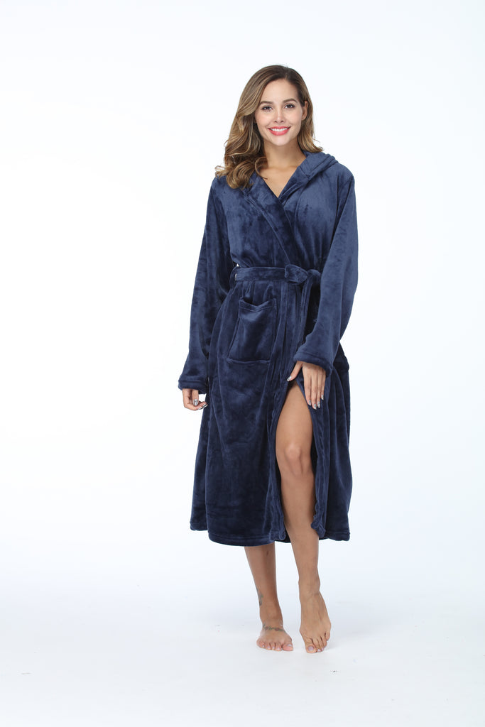 RONGTAI Womens Long Robes Plush Fleece Nightgown Thick Hooded Bathrobe With Pockets Fluffy Sleepwear For Men