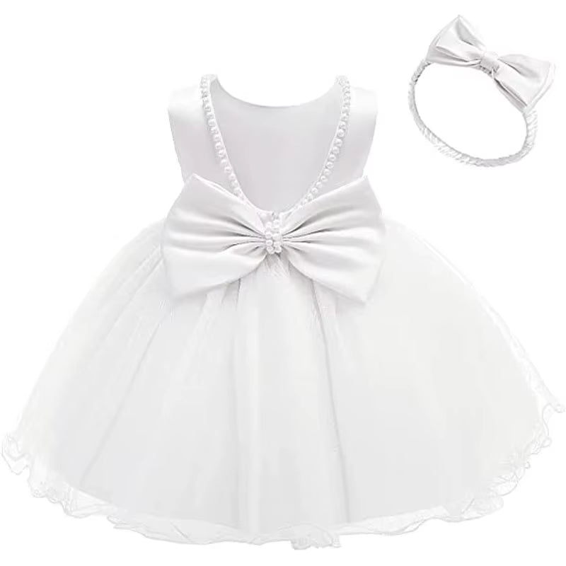 Flower Kids Girls Bow Dresses with Headwear for Baby Birthday Party Wedding Prom Formal Christening Baptism First Communion Gown